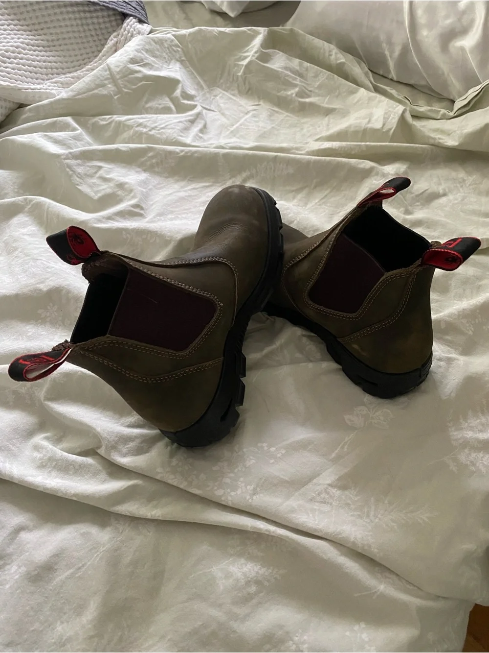 Men's Brown Slip-On Chelsea Work Boots with Red Pull Tabs